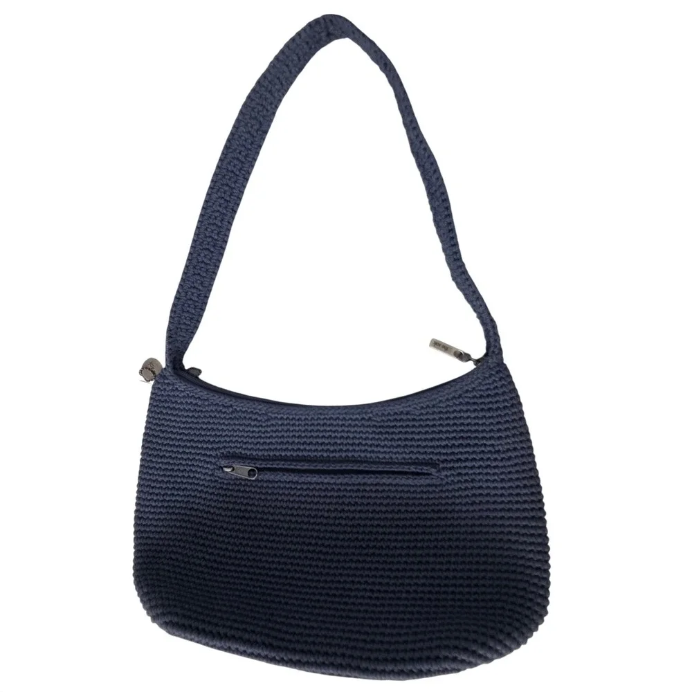 The Sak Crochet Shoulder Bag Slate Blue Boho Knit Hobo Zippered Purse Handbag